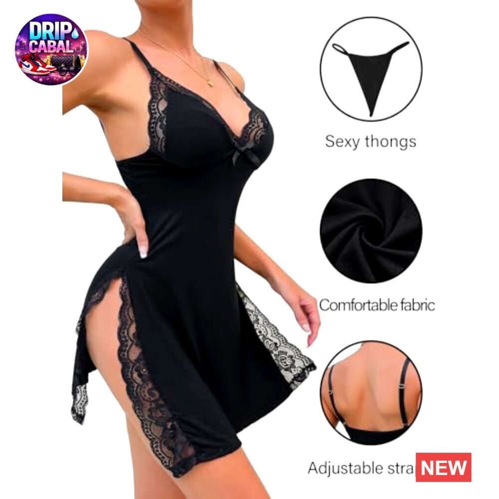 Floral Lace Trim Split Side Slip Nightgown Babydoll Lingerie Dress with Thong - Picture 2 of 7